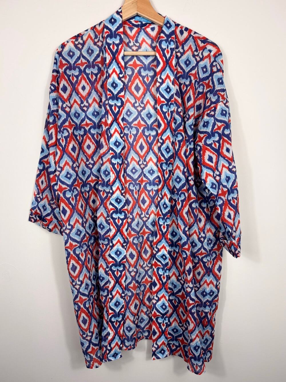 🌊 J.McLaughlin Kira Ikat Print Kimono Cover Up | M | Blue Red White | No Belt